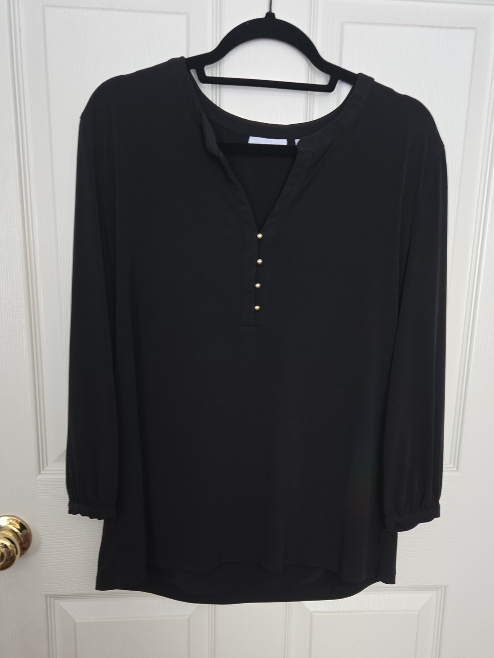 New York & Company Black Henley Tunic with Gold Buttons